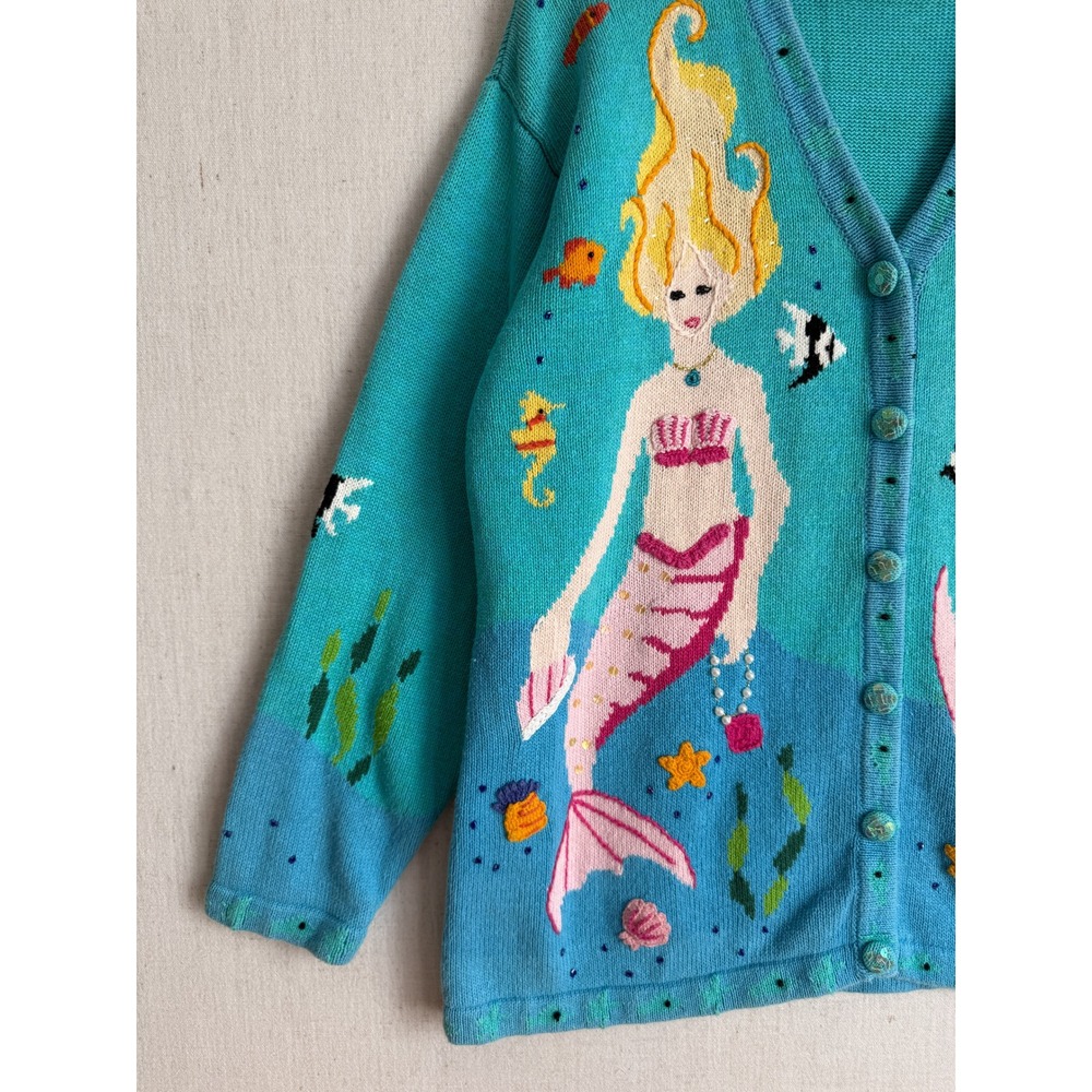 Storybook Knits Mermaid Cardigan Teal Blue Beaded Embroidered Novelty Sweater 1X - Picture 5 of 6